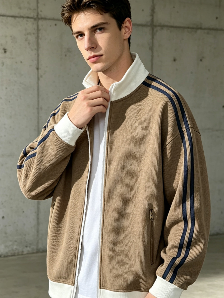 Stand Collar Striped Sports Jacket Waffle Knit Fabric Soft And Breathable Full Zip Closure for Easy Wear Double Zipper Pockets for Storage Drop Shoulder Loose Style Retro Casual, Spring, Fashion, Men, Outdoor, Quick-Dry - Brown