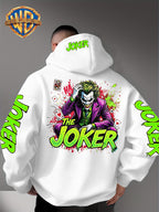 Official Warner Bros. Joker Comic-style Print Featuring Red and Green Ink-splatter Effects and "THE JOKER" Lettering. The Sleeves and Back of the Hood Are Adorned with Green "JOKER" Lettering. This Men's Trendy Printed Hooded Sweatshirt Features - White
