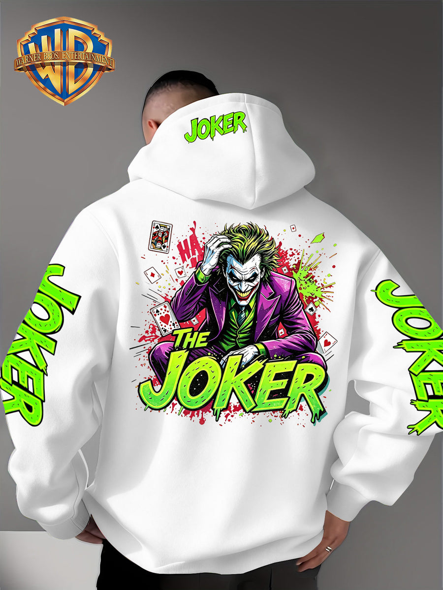 Official Warner Bros. Joker Comic-style Print Featuring Red and Green Ink-splatter Effects and "THE JOKER" Lettering. The Sleeves and Back of the Hood Are Adorned with Green "JOKER" Lettering. This Men's Trendy Printed Hooded Sweatshirt Features - White