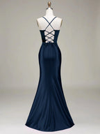 Women's Solid Color Satin Slip Dress with High Slit, Back Tie Waist, Cinched Fit, Pleated Details, and Hip-Hugging Design, Elegant for New Year's, Valentine's Day, Parties, Graduations, Weddings, and Bridesmaid Attire - Navy Color