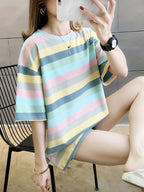 Women's Plus Size Loose Fit Cartoon Print T-Shirt - Pastel Color Block Short Sleeve Round Neck Top, Breathable Medium Stretch Fabric, Long Length Casual Summer Spring Fall Machine Washable, Ladies T Shirts, Trendy Streetwear, Relaxed Fit Tee - 2010-G