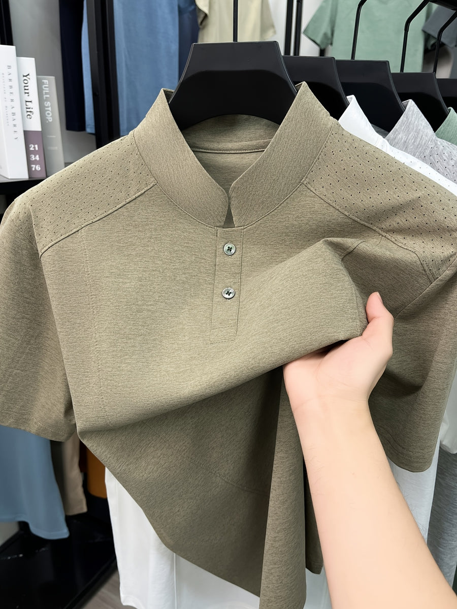 Men's New Summer Casual Stand Collar T-Shirt, Simple and Stylish Thin Breathable Versatile Short Sleeve Tee - Khaki 1