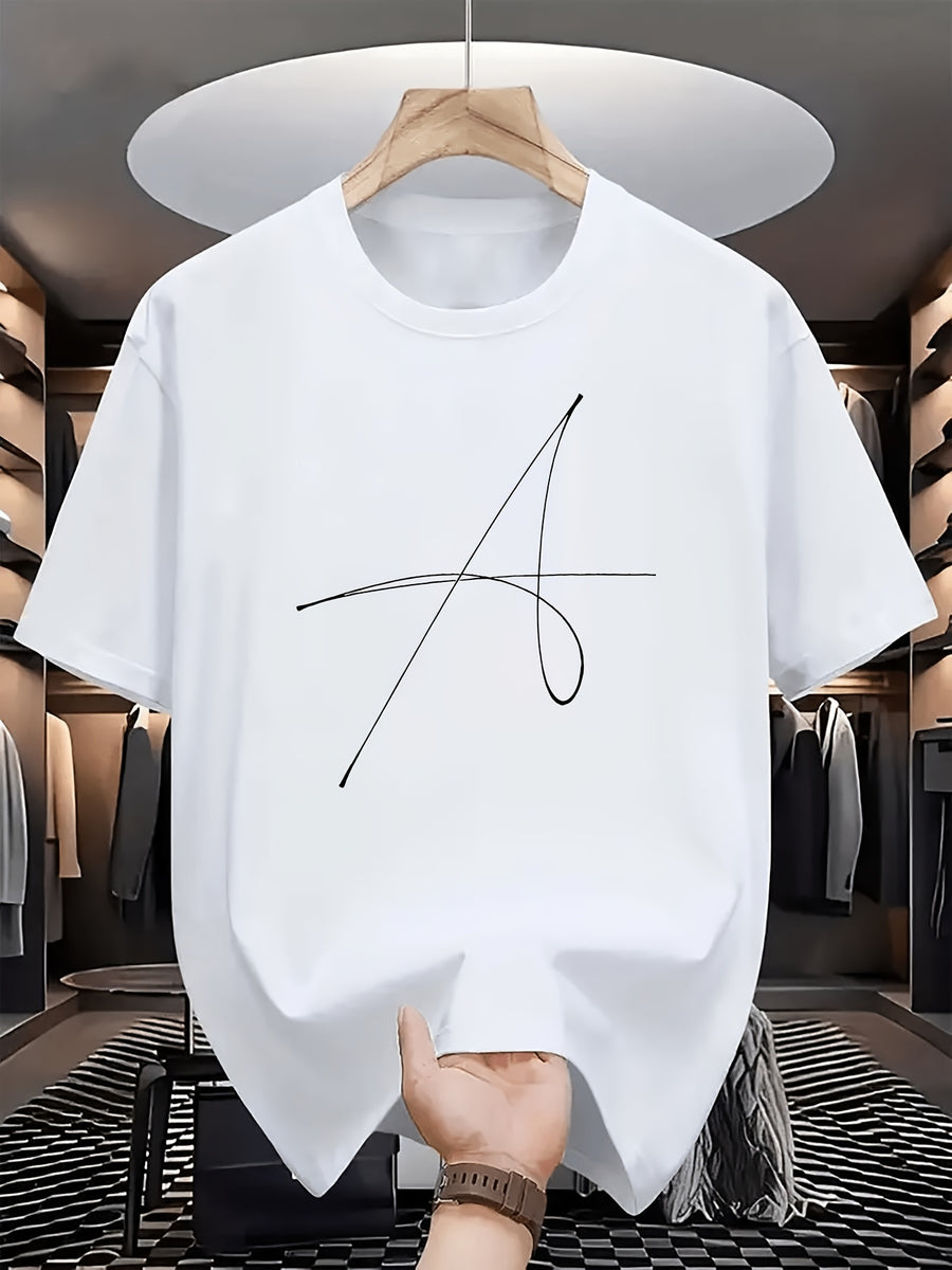 Handwritten Style Letter A Print T-Shirt, Minimalist Line Short Sleeve - White1