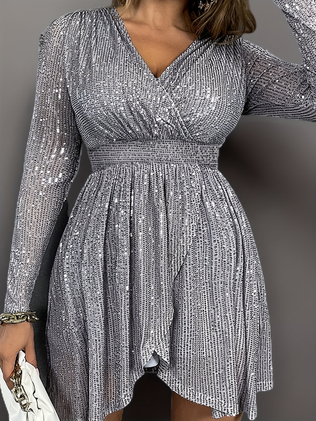 Elegant V-Neck Cross-Slit Sequin Long Sleeve Party Short Skirt - Grey