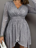 Elegant V-Neck Cross-Slit Sequin Long Sleeve Party Short Skirt - Grey