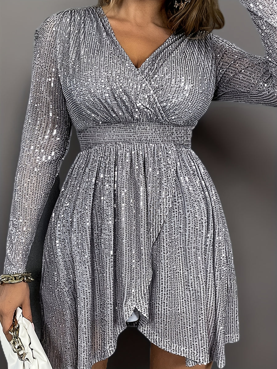 Elegant V-Neck Cross-Slit Sequin Long Sleeve Party Short Skirt - Grey