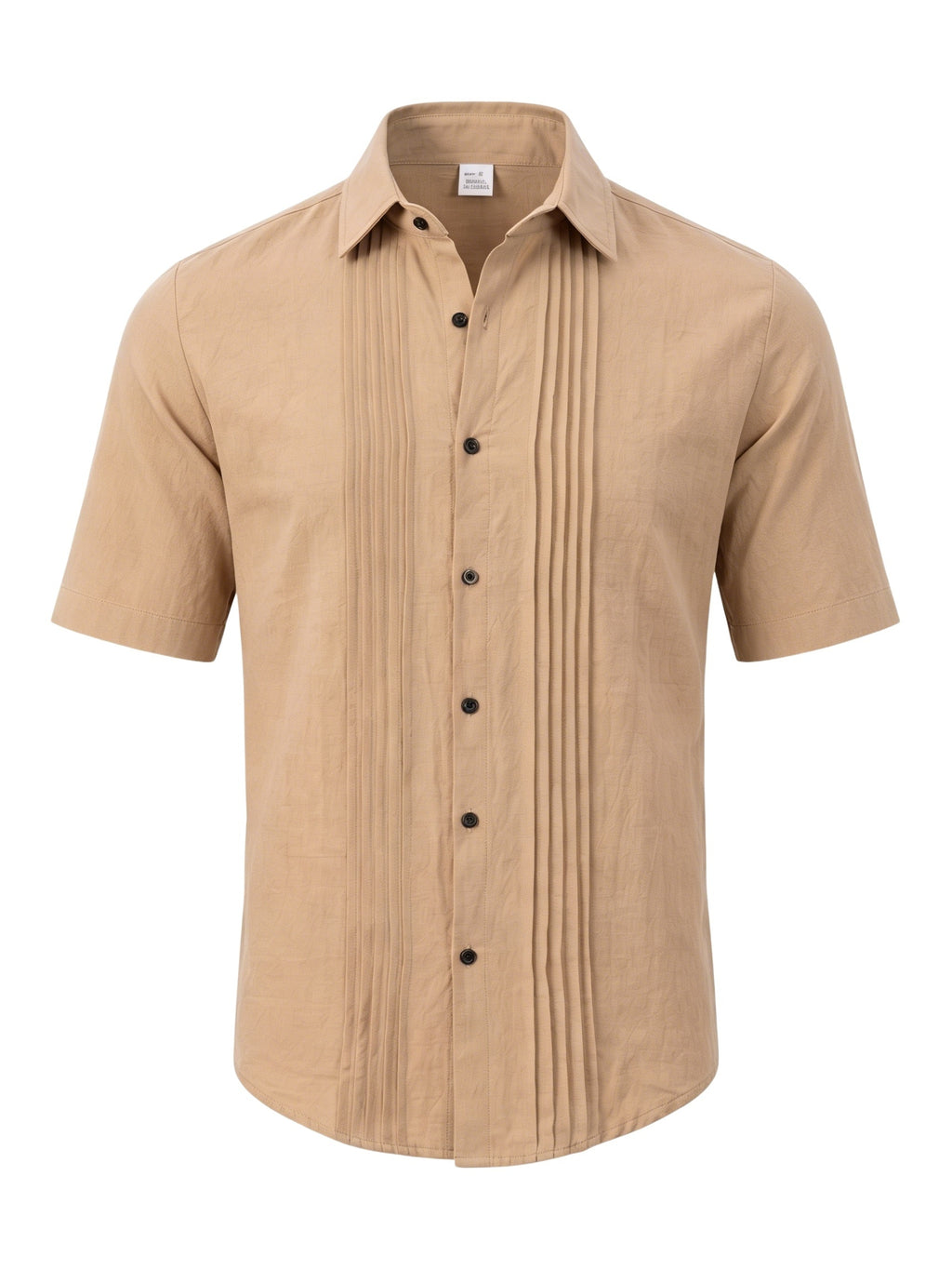 Men's Solid Color Button-Up Lapel Collar Short Sleeve Shirt - Breathable Textured Linen Button-Front Collar Shirt Suitable for Beach, Casual & -Casual Wear, Summer Office Outfits - Non-Stretch Button Collar - Khaki