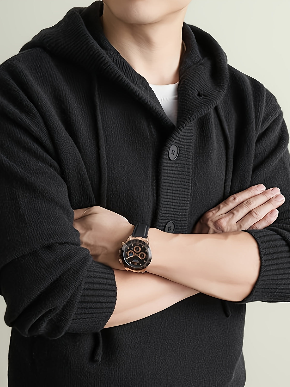 Men's Hooded Henley Neck Knit Sweater, 340GSM, 56.4% Polyester, 25.4% Nylon, 18.2% Acrylic, Half-Zip Drawstring Hooded Pullover, Anti-Pilling Warm Business Casual Long-Sleeve Knitwear - Black