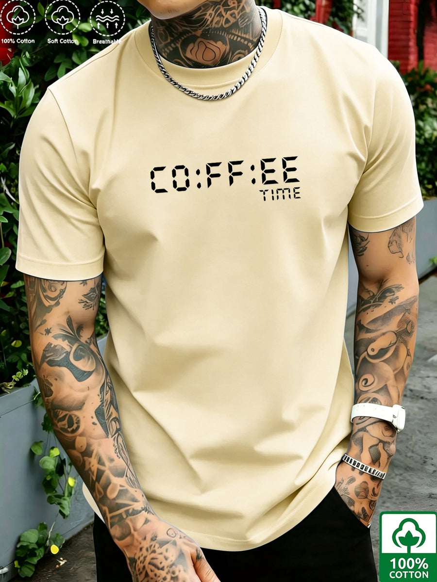 Pixel Art Style Coffee Time Men's Pure Cotton T-Shirt, "CO:FF:EE TIME" Letter Print, Features a Simple Everyday Vibe, Breathable and Skin-Friendly for No Sweaty Feel, High Elasticity with No Deformation, Versatile Crew Neck Fit for a Slimming Look - Apricot
