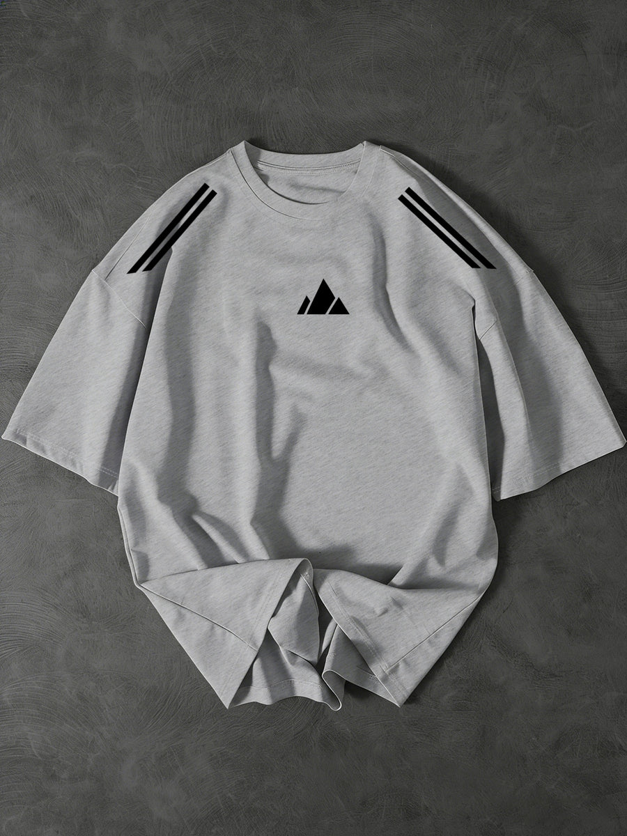 New Summer Men'S Round Neck Short Sleeve Geometric Graphic Print Design Regular Fit Comfortable Fabric Street Style Trendy Versatile Style Suitable for Sports And Daily Wear - Light Grey