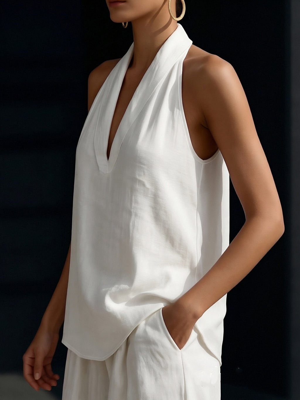 Women' French-Style Off-Shoulder Halter Neck T-Shirt - Solid Color Sleeveless Top, Machine Washable Suitable for Casual, Commuting, Banquets & Dates, Elegant Versatile for Year-Round Wear - White