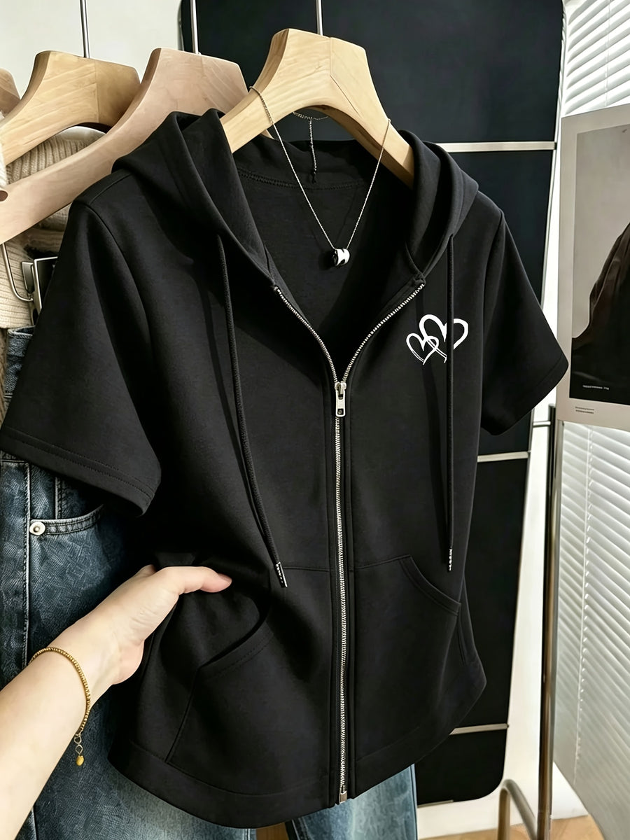 Women'S Top, Solid Color Minimalist Casual Hooded Short Sleeve Sweatshirt, Valentine'S Day Heart Pattern Print - Black