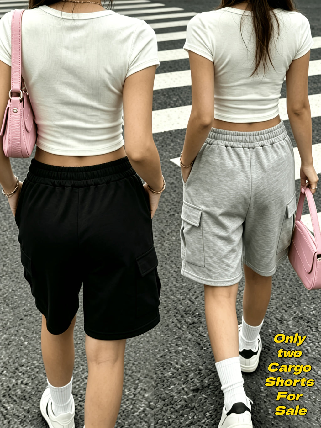 Japanese Style Printed Cargo Shorts 2Pcss Set, Loose Wide-Leg Bermuda Shorts with Leg-Smoothing Cut, Elastic Drawstring High-Waist Comfortable Fit, Soft Breathable Fabric Suitable for Street Outings, Campus Commute, And Home Walks - Grey+Black