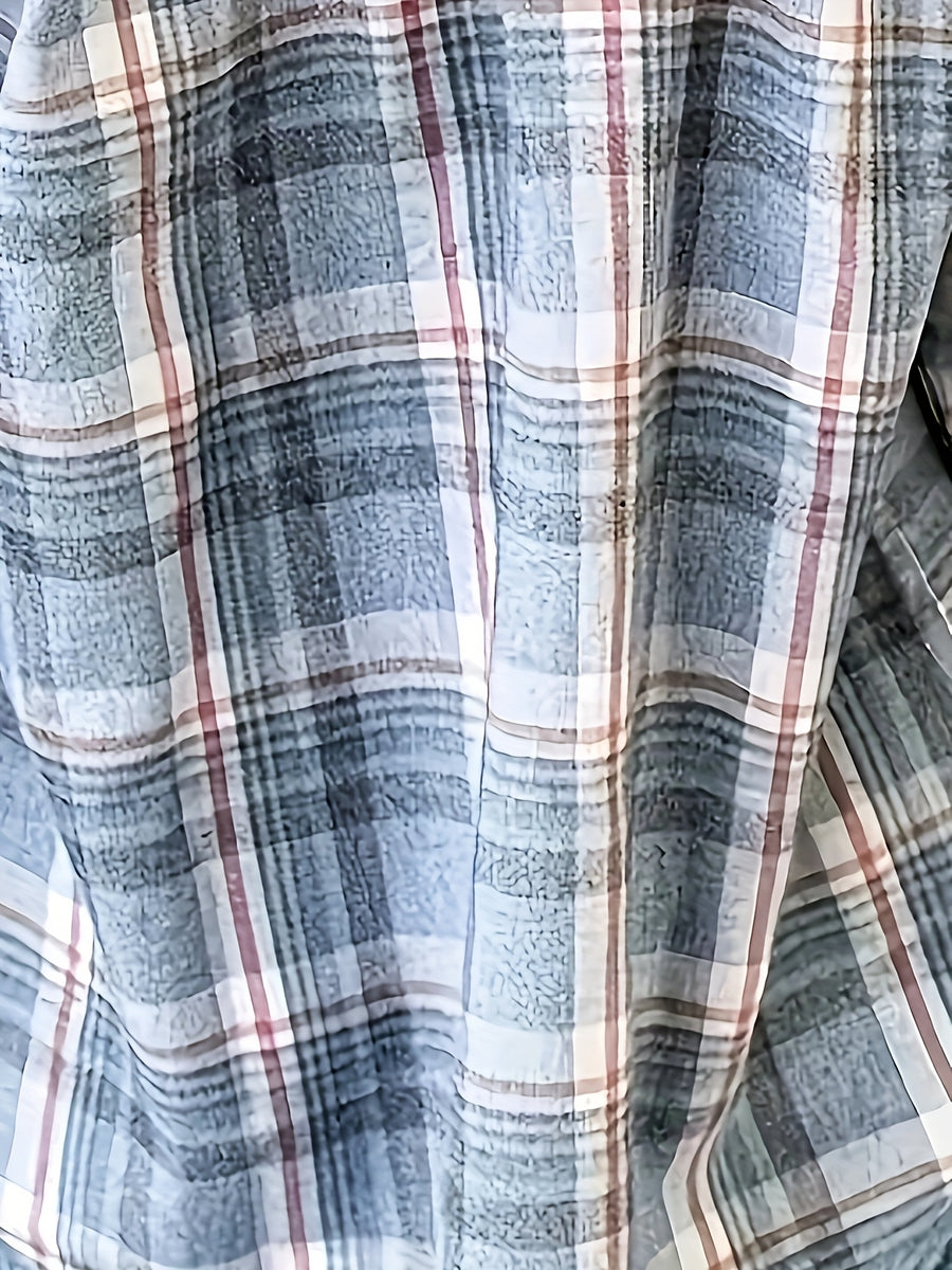 Casual Shirt, Women'S Long-Sleeve Button-Up Hoodie with Checkered Print And Drawstring - Blue