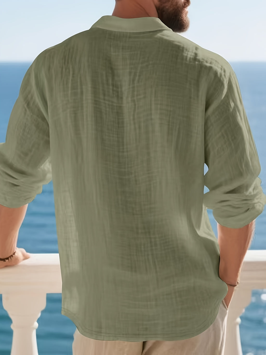 [Pearson OBM] Men'S Casual Fashion Breathable Soft Linen Texture Fabric Anti-Wrinkle Versatile Suitable for Daily Work Commuting Island Vacation Light Business Men'S Shirt - fern green