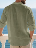 [Pearson OBM] Men'S Casual Fashion Breathable Soft Linen Texture Fabric Anti-Wrinkle Versatile Suitable for Daily Work Commuting Island Vacation Light Business Men'S Shirt - fern green