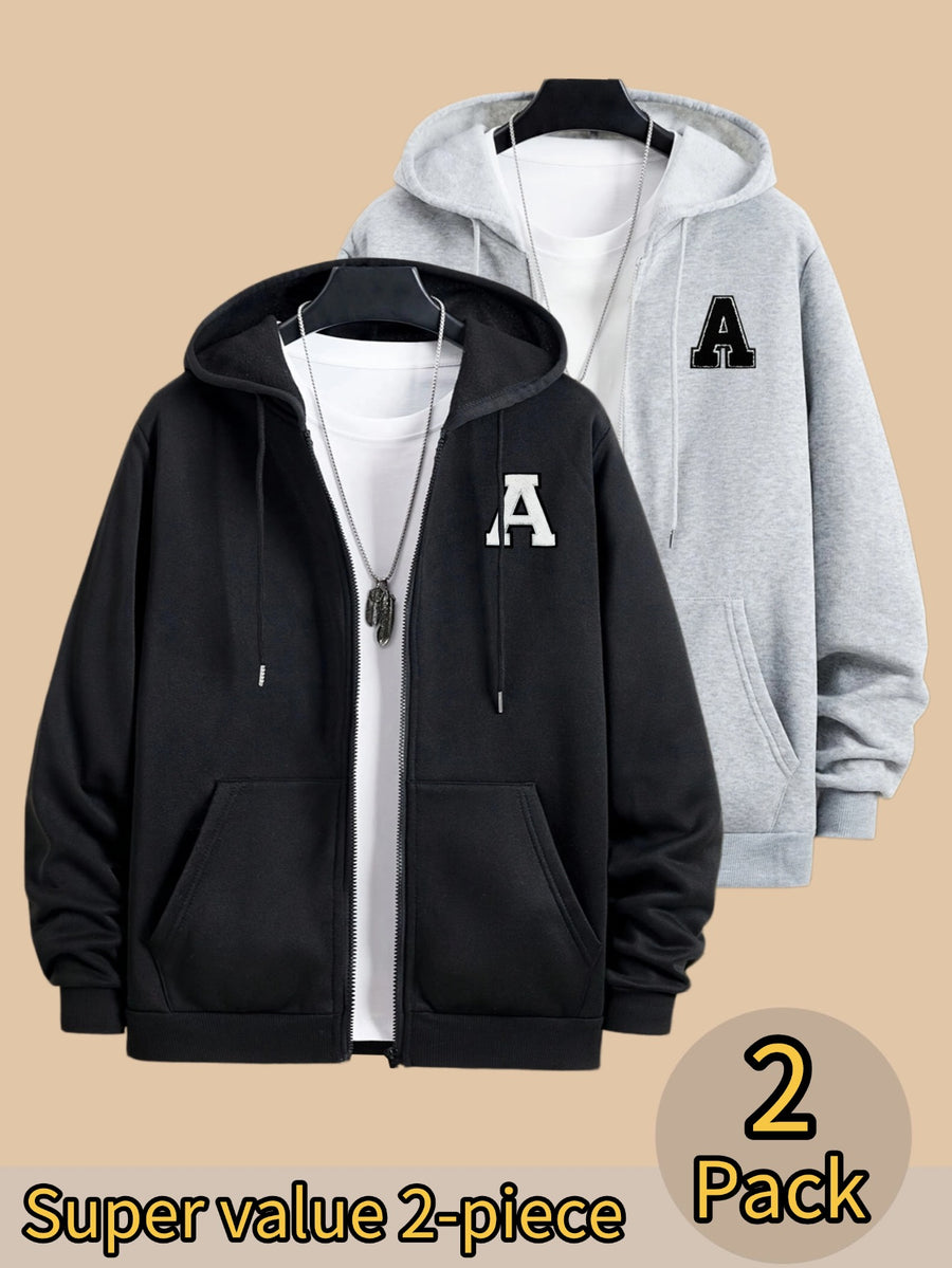 50% Cotton, 50% Polyester, 2-Pack Men's Zippered Hooded Fleece-Lined Sweatshirt, Men's Clothing, Long-Sleeve Fleece Jacket, Zippered Top, Hooded Sweatshirt, Pockets, Drawstring, Suitable for Outings, Casual Wear, Back-to-School Season - Black+Light Grey