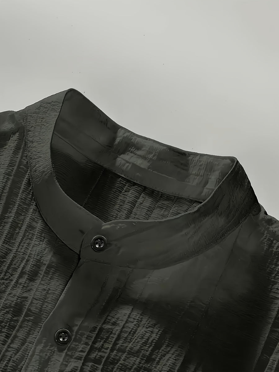 [Qiaoximei OBM] Men'S Clothing New Stand-Collar Solid Color Long Sleeve Shirt, Easy Stand-Collar Design, Spring Autumn Winter High-Quality Men'S Long Sleeve Button-Up Shirt - Suitable for Outdoor Leisure Vacation Travel Formal - Dark Gray