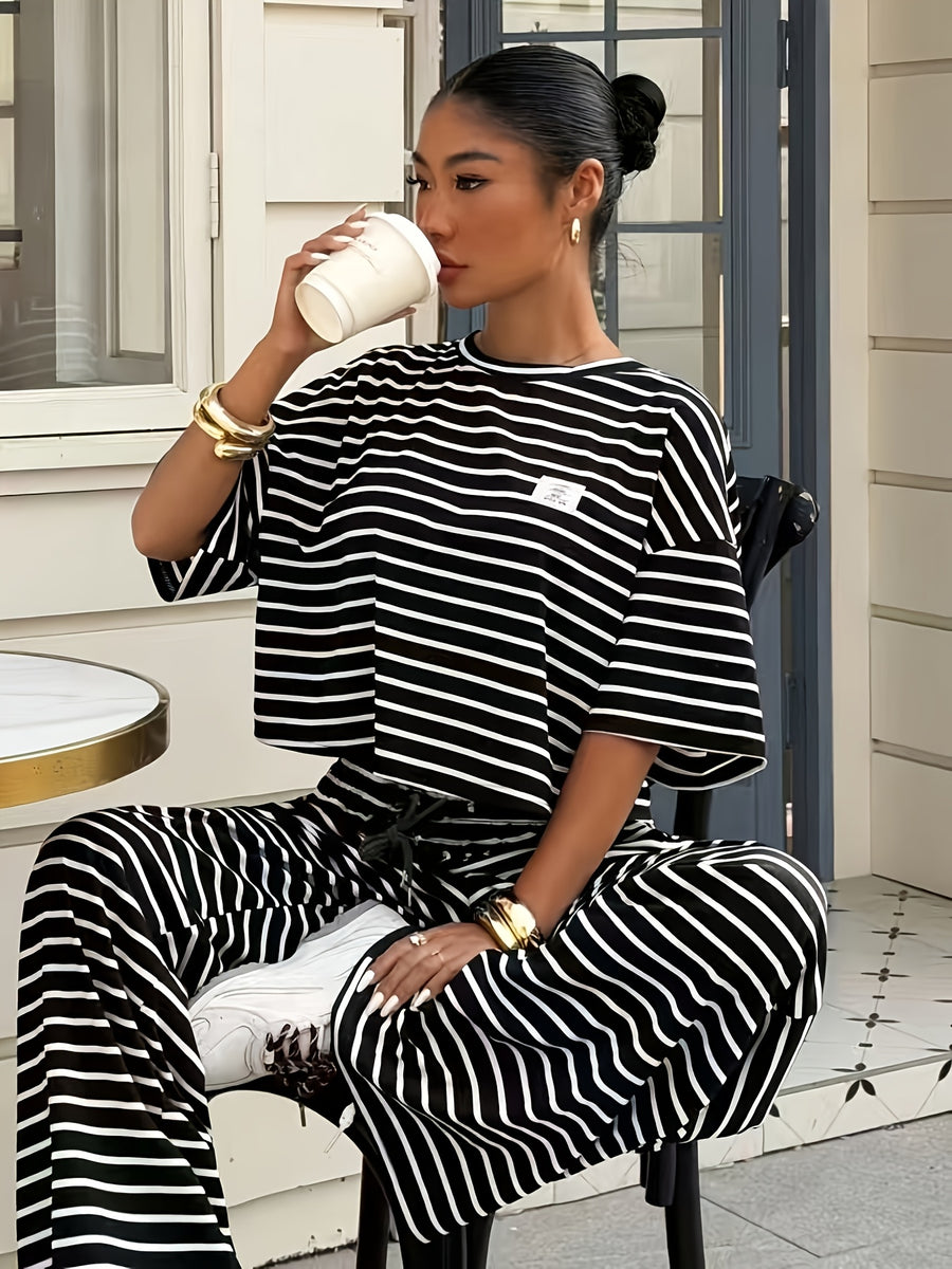 Women'S Striped Short Sleeve Top And Long Pants 2pcs Set, Spring Summer Casual Outfit - Black Strips