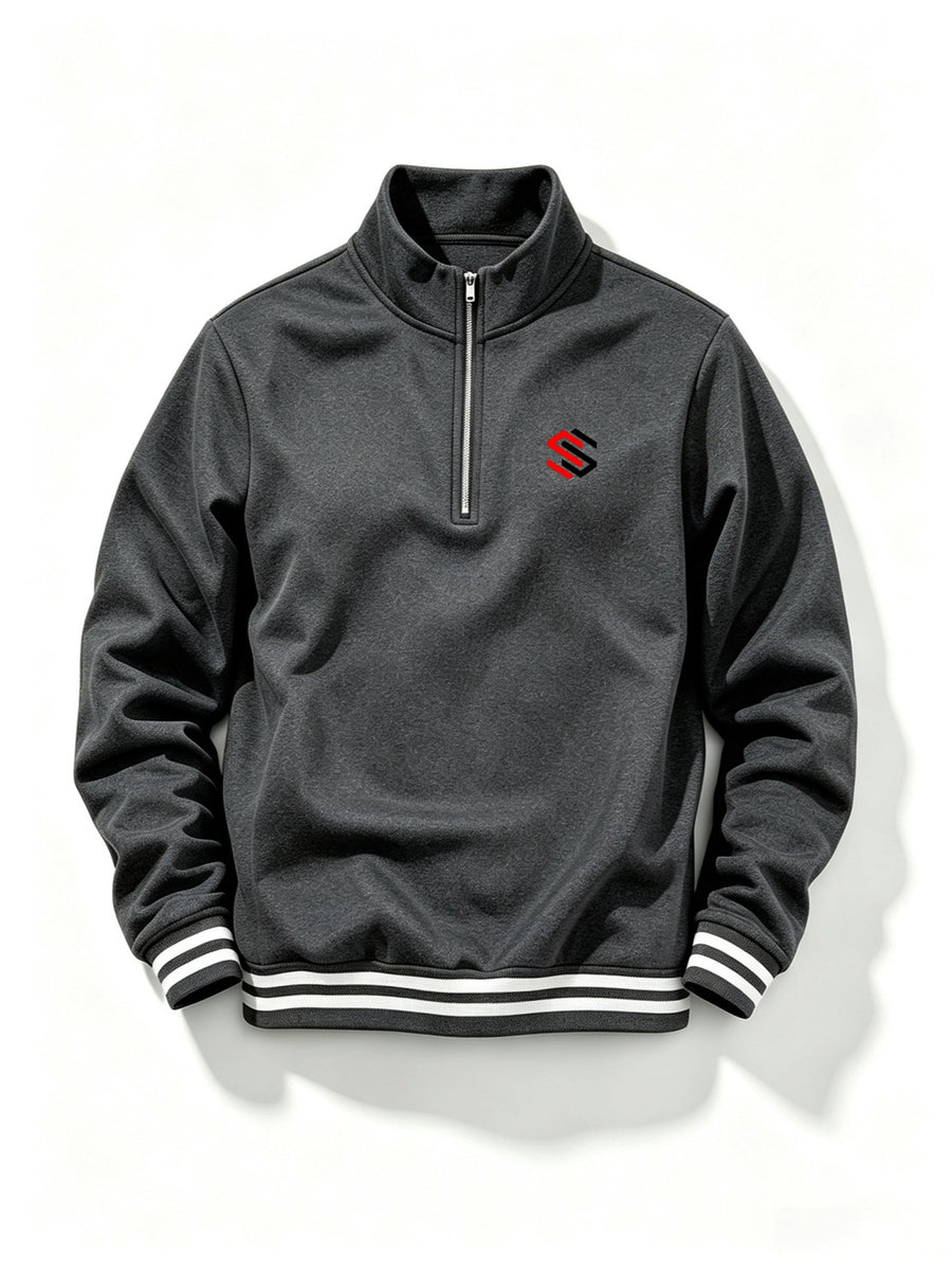 Men'S Half-Open Collar Mid-High Neck Sweatshirt, Contrast Geometric S Logo Print Striped Ribbed Hem Loose Athletic Pullover Top, Suitable for Commute And Casual Wear - Dark Gray