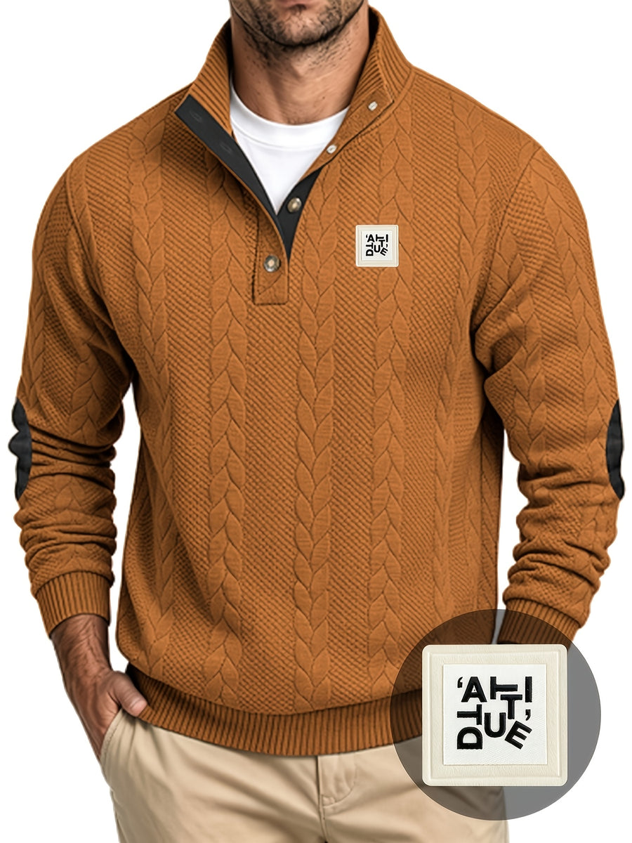 Men'S Casual Long Sleeve Knit Sweater, Textured Cable And Diamond Pattern, Stand Collar with Button Placket, Contrast Elbow Patch Details, Ribbed Cuffs And Hem, Ideal for Fall Winter Work, Travel, Golf And Daily Wear - Bronze