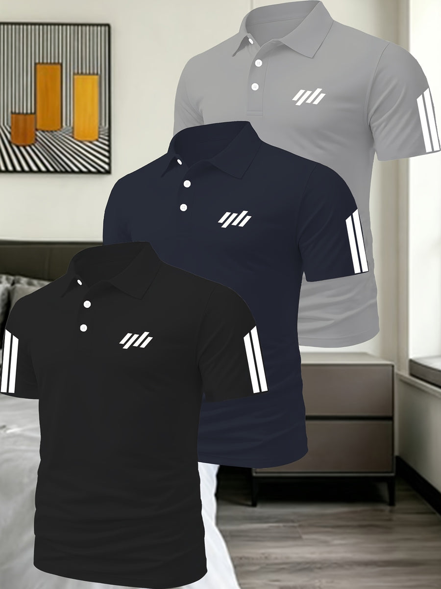Men'S Exquisite Solid Color Polo Shirt 3pcs Set Multi-Pc Golf Casual Top - Black Gray Navy Blue