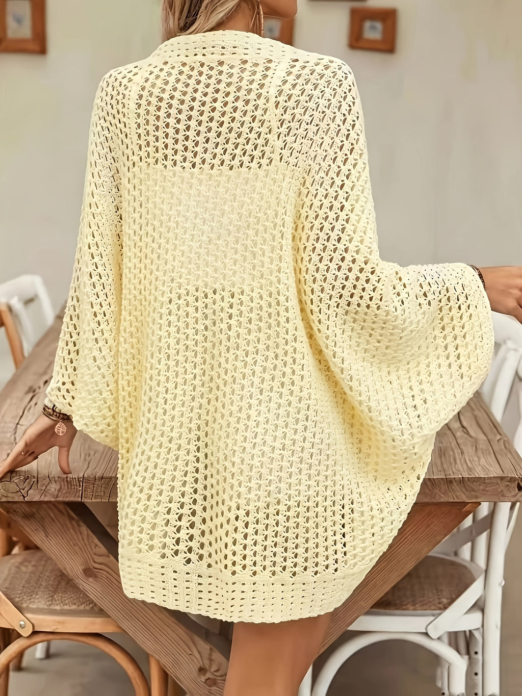 Elegant Spring and Summer Women's Cape Style Hollow Cardigan, Women's Vacation Beach Cardigan, Breathable Sweater Cover-Up - 【Light Yellow】