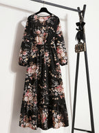 Bohemian Print Casual Party Long Dress with Ruffle Hem, Round Neck, Elastic Waist, and A-Line Silhouette - Black