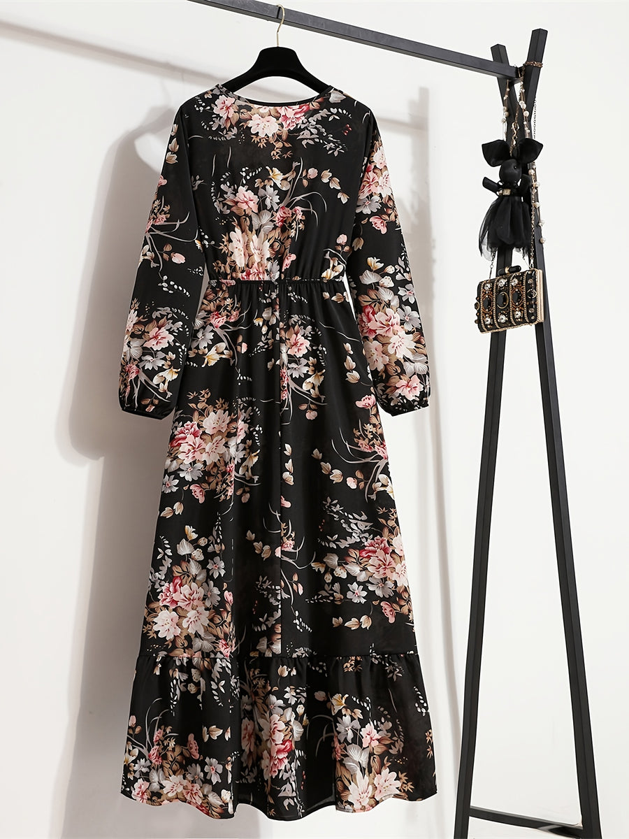 Bohemian Print Casual Party Long Dress with Ruffle Hem, Round Neck, Elastic Waist, and A-Line Silhouette - Black
