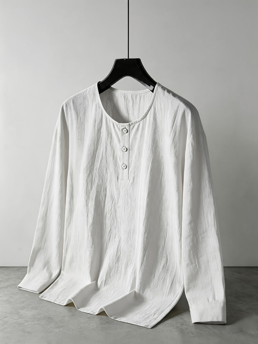 Men's Linen Henley Collar Long Sleeve Loose Fit Casual Vacation Top - White