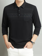 Middle-Aged Men'S Long Sleeve Polo Shirt Spring Autumn Business Casual Lapel Striped with Pocket Top - Black