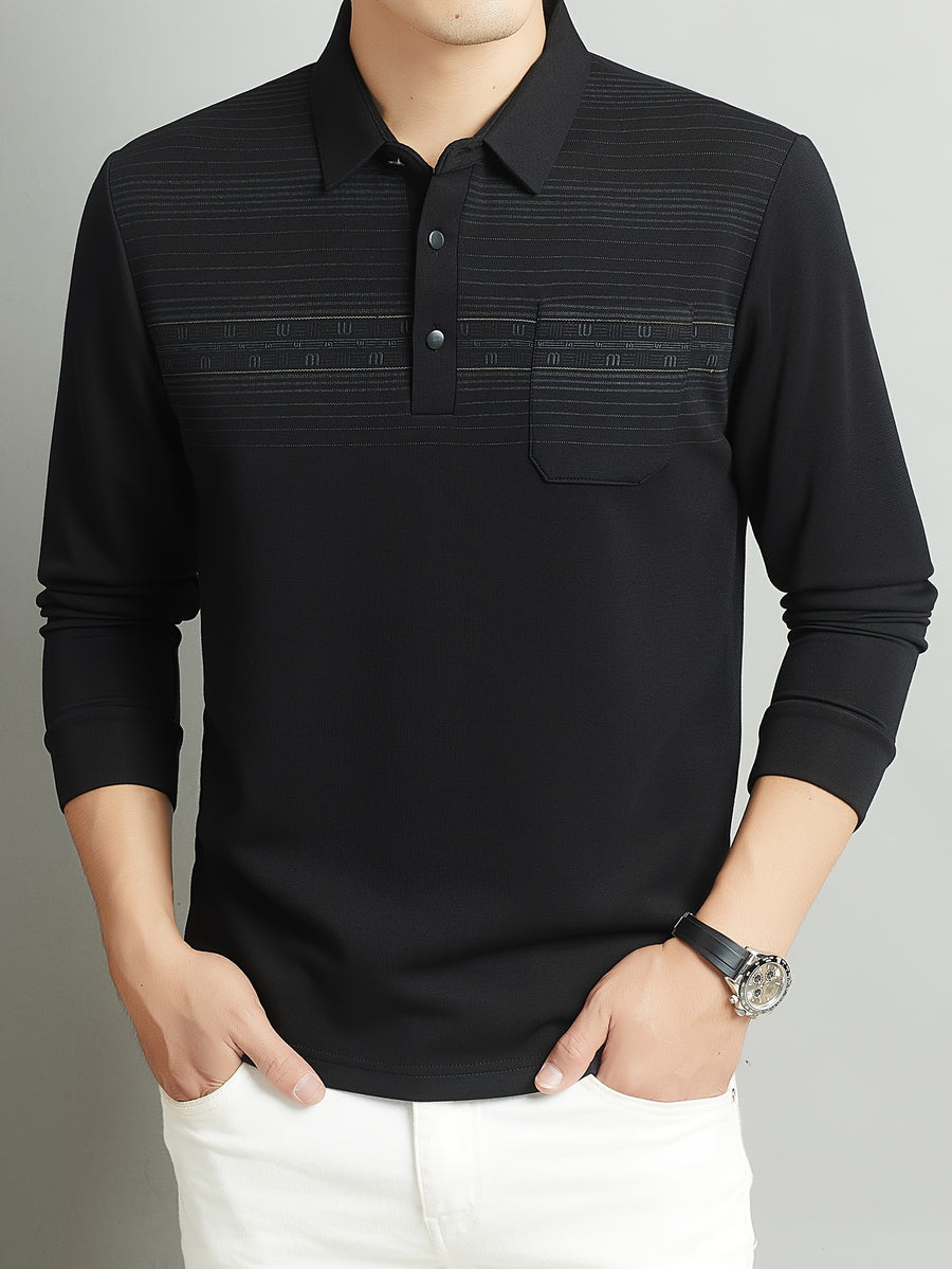 Middle-Aged Men'S Long Sleeve Polo Shirt Spring Autumn Business Casual Lapel Striped with Pocket Top - Black