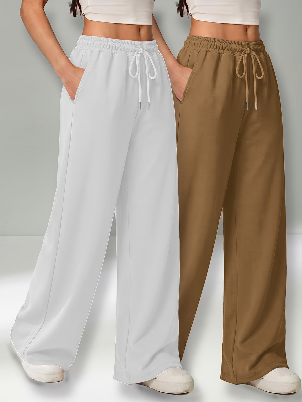 Autumn and Winter High-Waisted Casual Versatile Pants, Elastic Waist Loose Wide-Leg Pants 2pcs Set - White+Brown