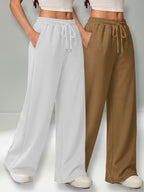Autumn and Winter High-Waisted Casual Versatile Pants, Elastic Waist Loose Wide-Leg Pants 2pcs Set - White+Brown