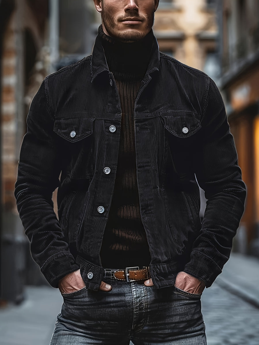 Men's Casual Long-Sleeve Shirt, Autumn/Winter Loose Fit Simple Solid Color Corduroy Layering Flannel Shirt, Vintage Style Top - Black