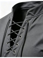 2026 New Men'S Stand Collar Cross-Strap Long Sleeve Shirt, Unique Cross-Strap Neckline Design Eye-Catching, Chest Repeating Letter Cartoon Print Trendy Individual, All-Season Wearable Inner Layer, Commute And Casual Versatile Top - Dark Gray