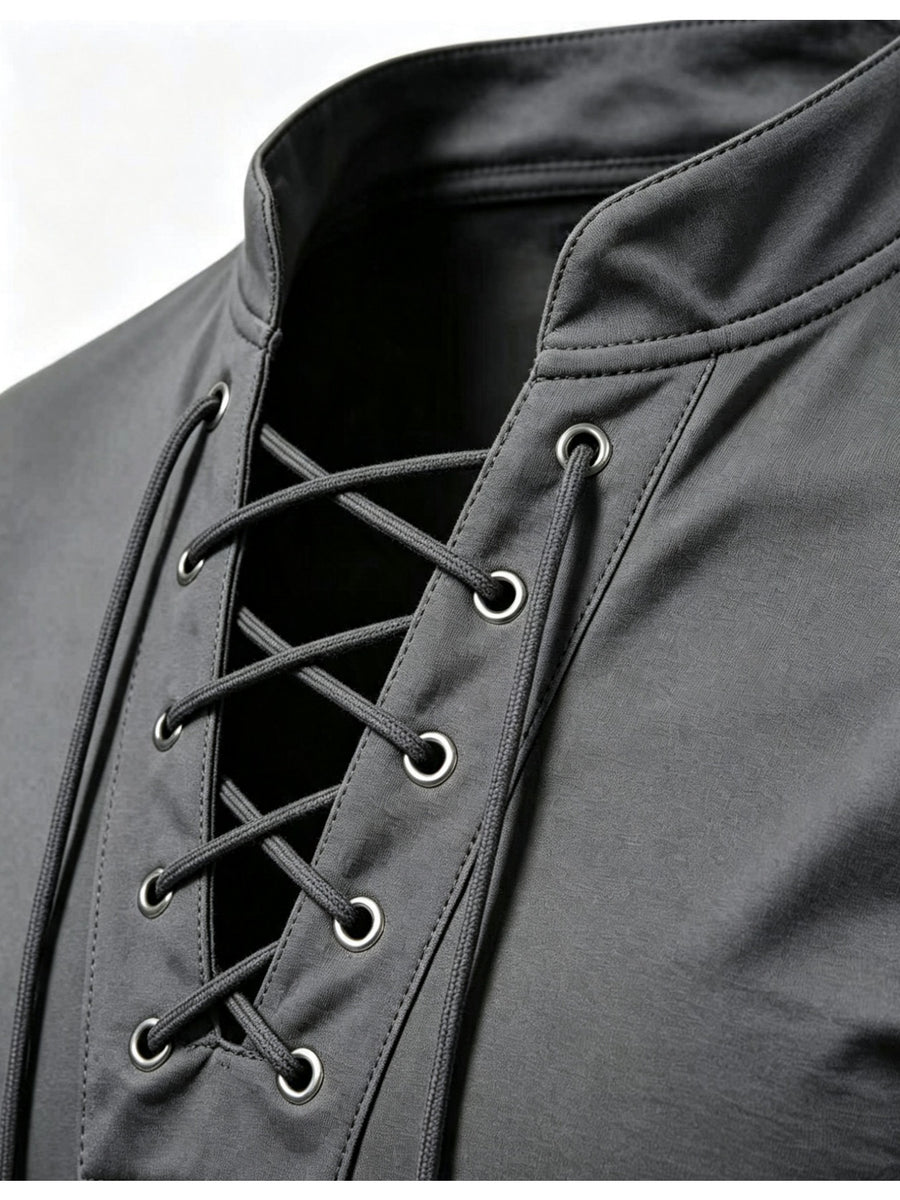 2026 New Men'S Stand Collar Cross-Strap Long Sleeve Shirt, Unique Cross-Strap Neckline Design Eye-Catching, Chest Repeating Letter Cartoon Print Trendy Individual, All-Season Wearable Inner Layer, Commute And Casual Versatile Top - Dark Gray