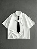 Men's Casual Short-Sleeve Shirt, Back to School New Summer Style White Short-Sleeve Shirt with Lapel Collar, Includes Free Tie, Suitable for Daily Outings, Campus Dates, and as a Gift for Boyfriend, Stylish and Versatile Solid Color Casual Shirt - White