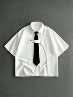 Men's Casual Short-Sleeve Shirt, Back to School New Summer Style White Short-Sleeve Shirt with Lapel Collar, Includes Free Tie, Suitable for Daily Outings, Campus Dates, and as a Gift for Boyfriend, Stylish and Versatile Solid Color Casual Shirt - White