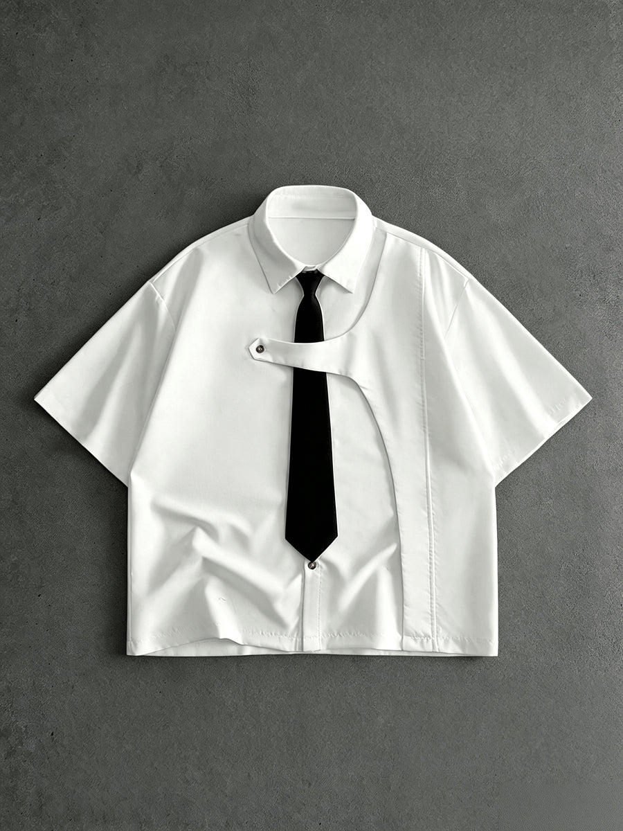 Men's Casual Short-Sleeve Shirt, Back to School New Summer Style White Short-Sleeve Shirt with Lapel Collar, Includes Free Tie, Suitable for Daily Outings, Campus Dates, and as a Gift for Boyfriend, Stylish and Versatile Solid Color Casual Shirt - White