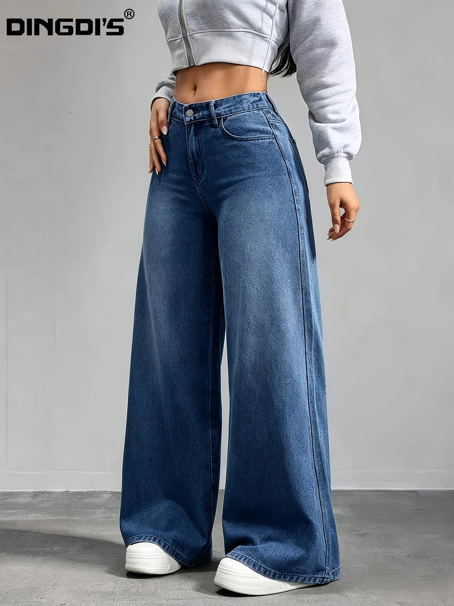 Women'S 2026 New High-Waist Stretch Denim Jeans, Classic Wide-Leg Casual Trousers, Stylish Pocketed Floor-Length Pants, Comfortable Fit Perfect for Work And Travel, Acid-Wash Solid Denim Trousers - Deep Blue