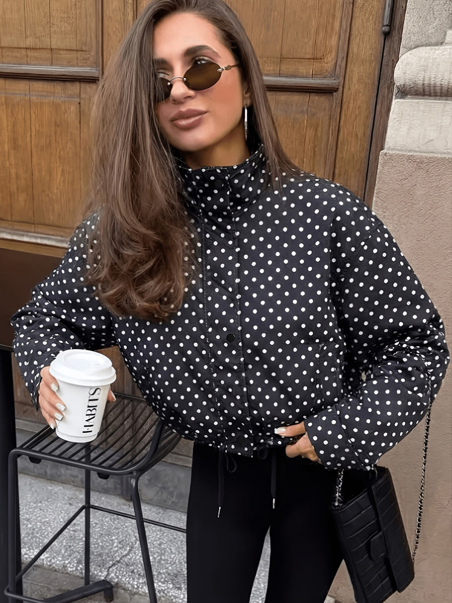 Women's Casual Polka Dot Long Sleeve Loose Fit Jacket, Spring Fashion Stand Collar Zipper Outerwear - Black