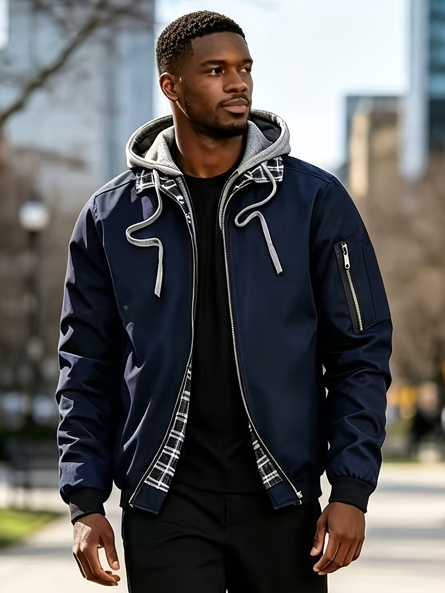 Spring Autumn Men'S Jacket Faux Two-Piece Hooded Cardigan Sports Casual Preppy Outdoor Quilted Cargo Jacket Bomber Jacket - Navy Color