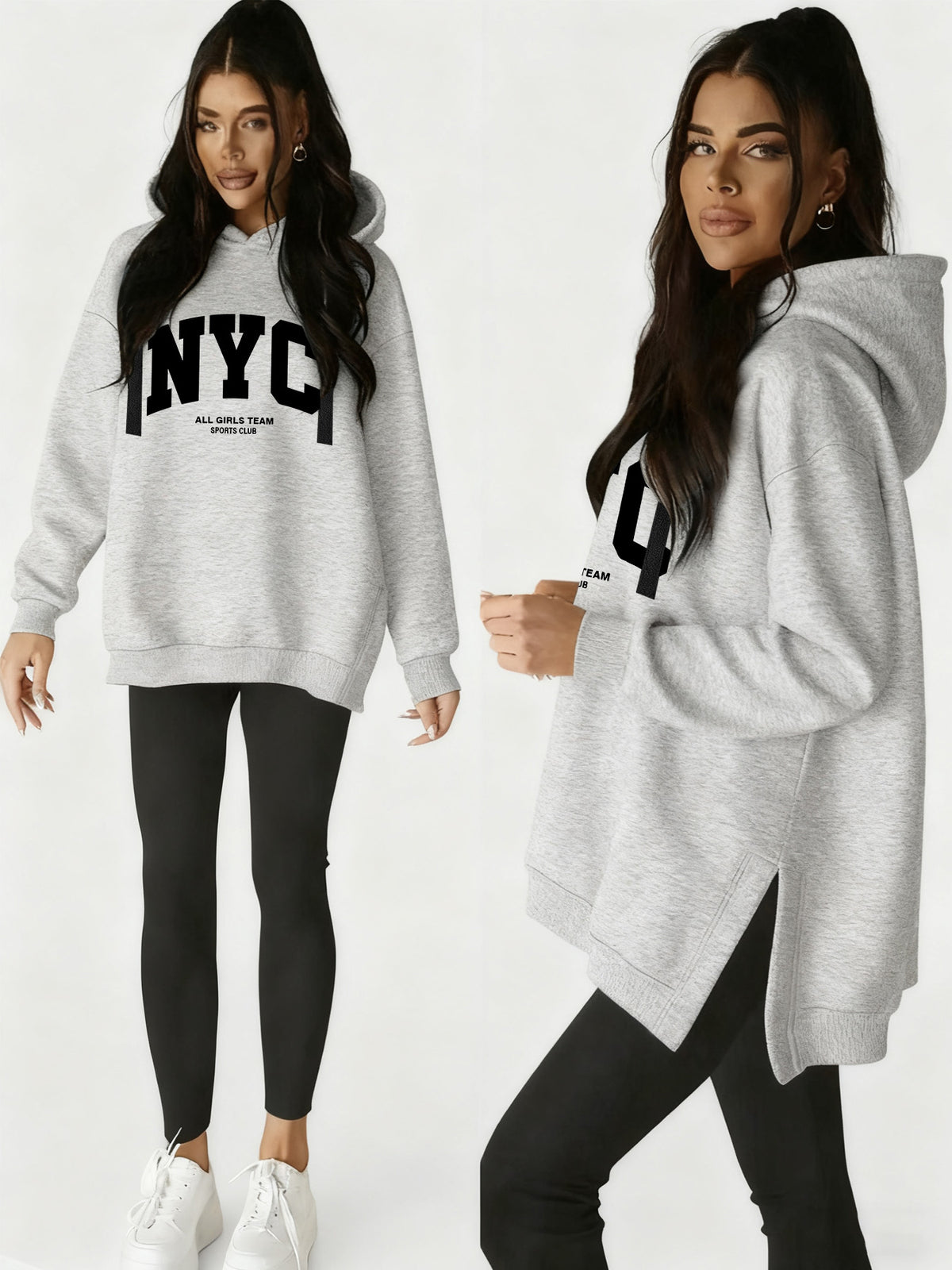 Women'S Stylish Hoodie with Side Slits And Drawstring for Autumn And Winter, Perfect for And Casual Wear, Featuring Cute Prints And a Comfortable Fit, Available in Multiple Colors - Light Grey