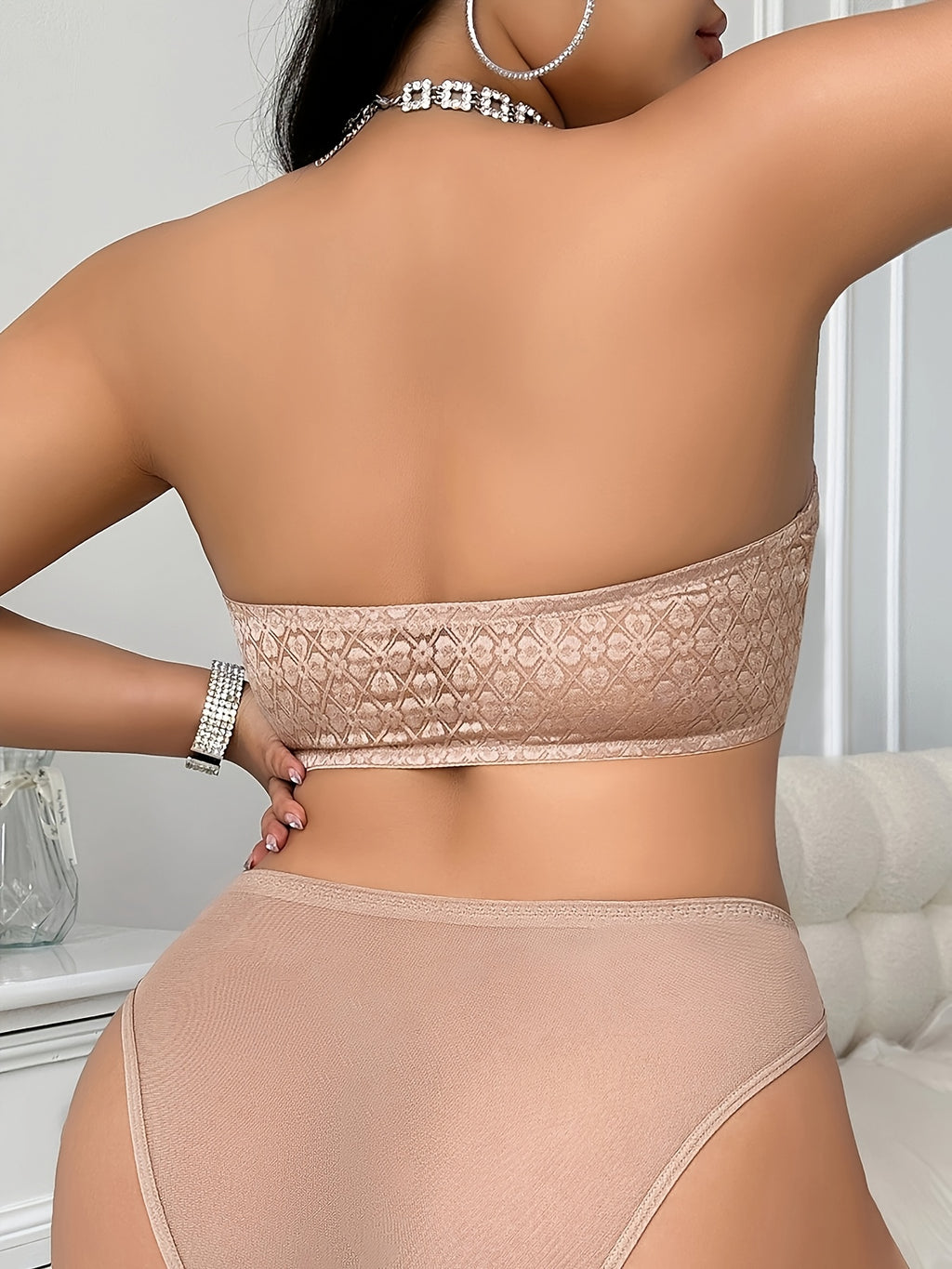 Lace-trimmed Plus Size Women's Bra Set, Wire-Free Unpadded Front-Clasp Bandeau Bra & Briefs, Simple Everyday Lingerie Sets - Apricot