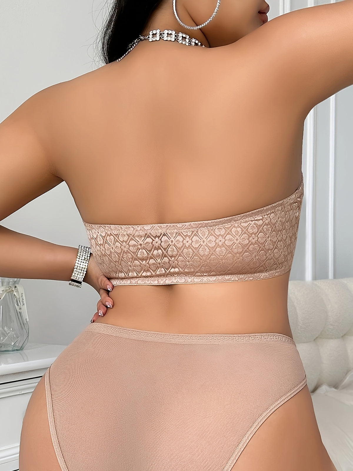 Lace-trimmed Plus Size Women's Bra Set, Wire-Free Unpadded Front-Clasp Bandeau Bra & Briefs, Simple Everyday Lingerie Sets - Apricot