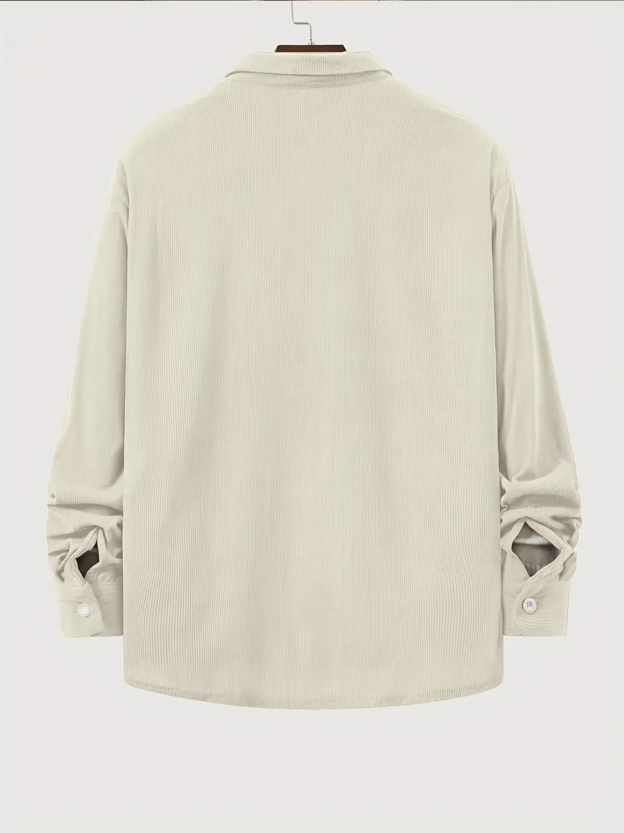 New Solid Color Spring/Autumn Men's Fashion Casual Corduroy Jacket, Lapel Single-Breasted Button Cardigan Style with Chest Pocket, Loose Fit, Can Be Worn as an Inner or Outer Layer - Off-white