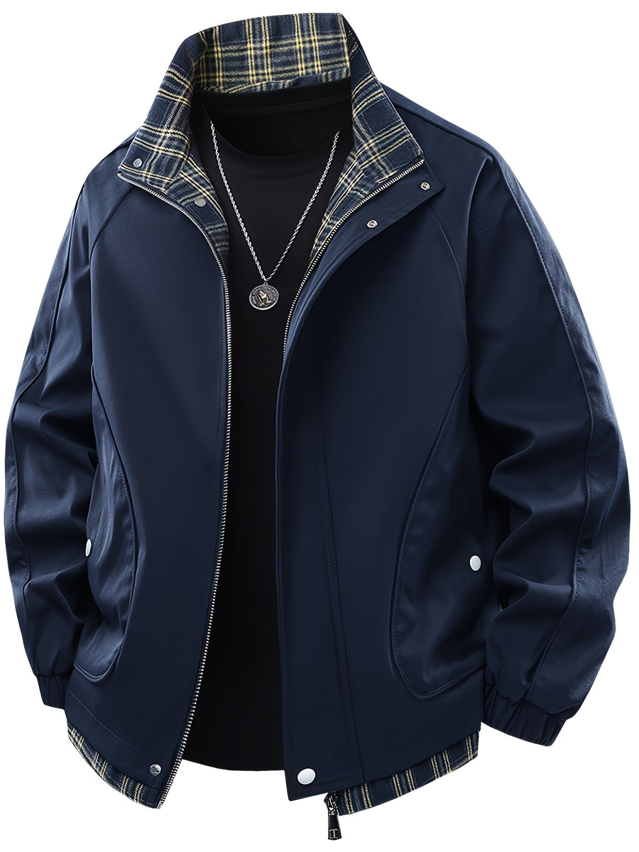 Spring New Men'S Loose Trendy Brand Jacket American Street Thin Lapel Solid Color Woven Plaid Tie-Dye Fake Two-Piece Jacket Coat - Blue
