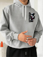 Authorized by Warner Bros., Featuring Dark JOKER Clown Patch Letter Print, Hat Design Pattern, Multi-Functional Street Style Men'S Hooded Sweatshirt, Comfortable Casual, Suitable for Autumn And Winter - Light Grey