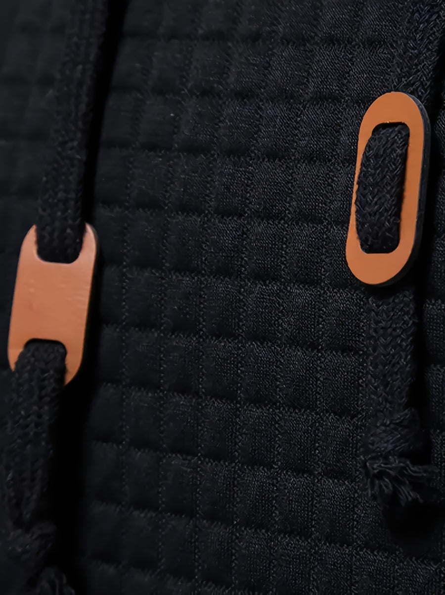 Men's Spring, Autumn, Winter Casual Sporty Kangaroo Pocket Hooded Pullover Sweatshirt, Waffle Knit, Comfortable, Breathable, Versatile Long-Sleeve Top - Black
